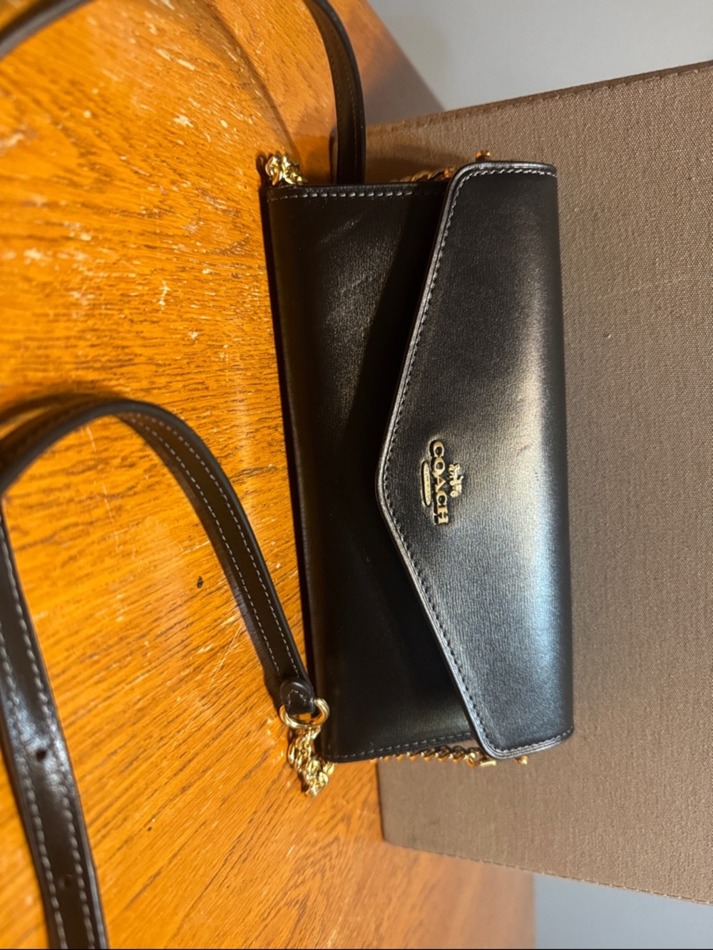 Coach Black Leather Crossbody Wallet with Gold Hardware